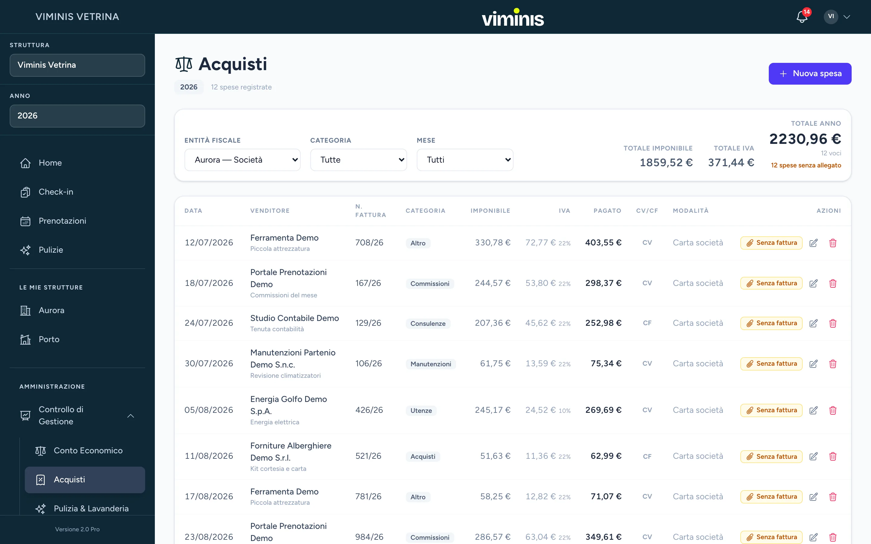 Registro delle spese: data, venditore, numero fattura, categoria, imponibile, IVA, importo pagato, modalità e l'indicazione delle spese senza allegato.