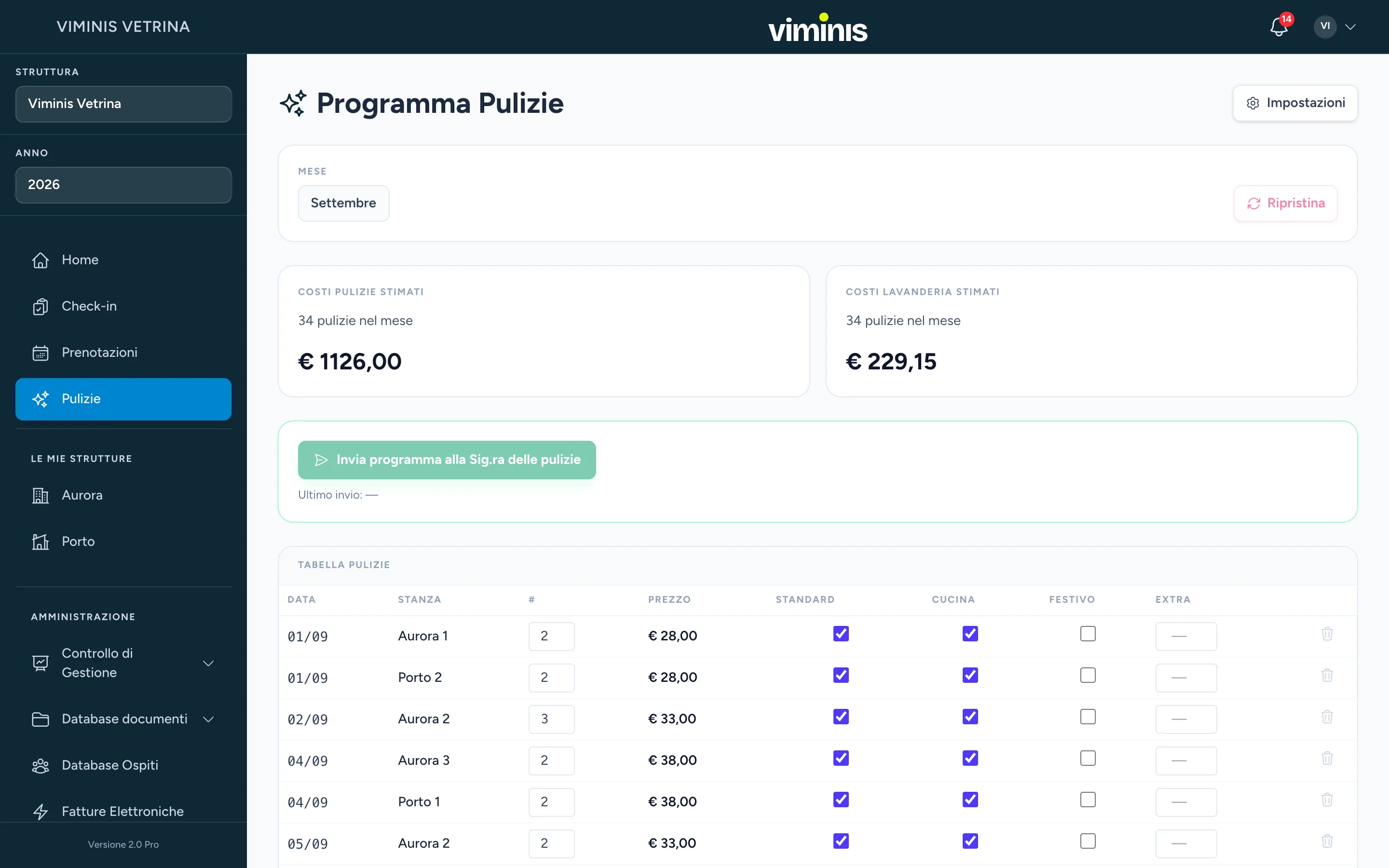 Programma delle pulizie del mese: i costi stimati di pulizie e lavanderia, e sotto la tabella con data, stanza, numero di ospiti, prezzo e le caselle per standard, cucina e festivo.