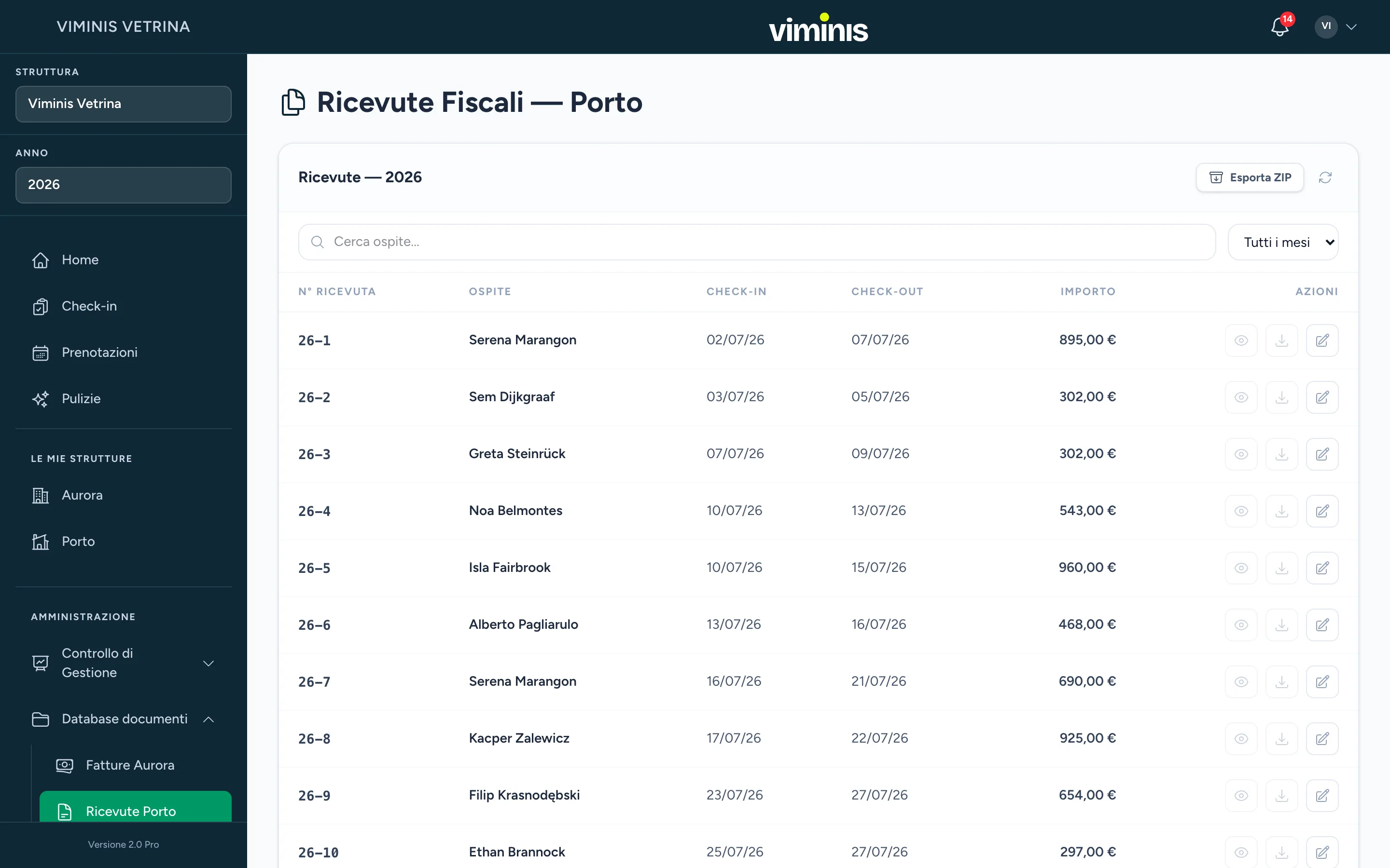 Registro delle ricevute fiscali dell'anno: numero progressivo, ospite, date di soggiorno, importo e le azioni per vedere, scaricare o rigenerare il documento.