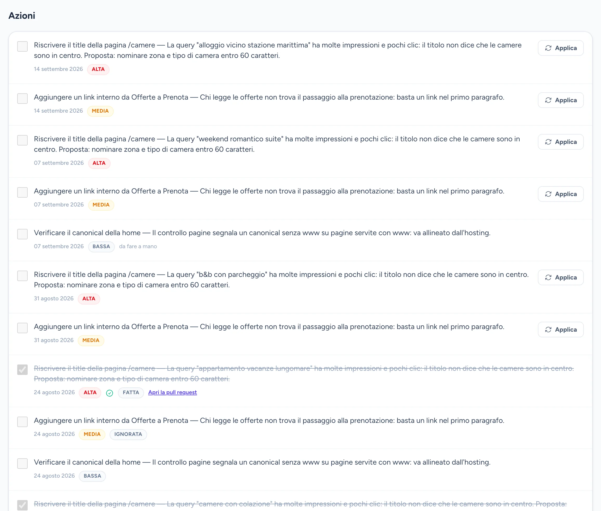 Elenco delle azioni SEO consigliate: ognuna ha la data, una priorità alta, media o bassa, e un bottone «Applica» dove la modifica si può fare da sola. Le azioni già fatte sono barrate e portano il link alla pull request.